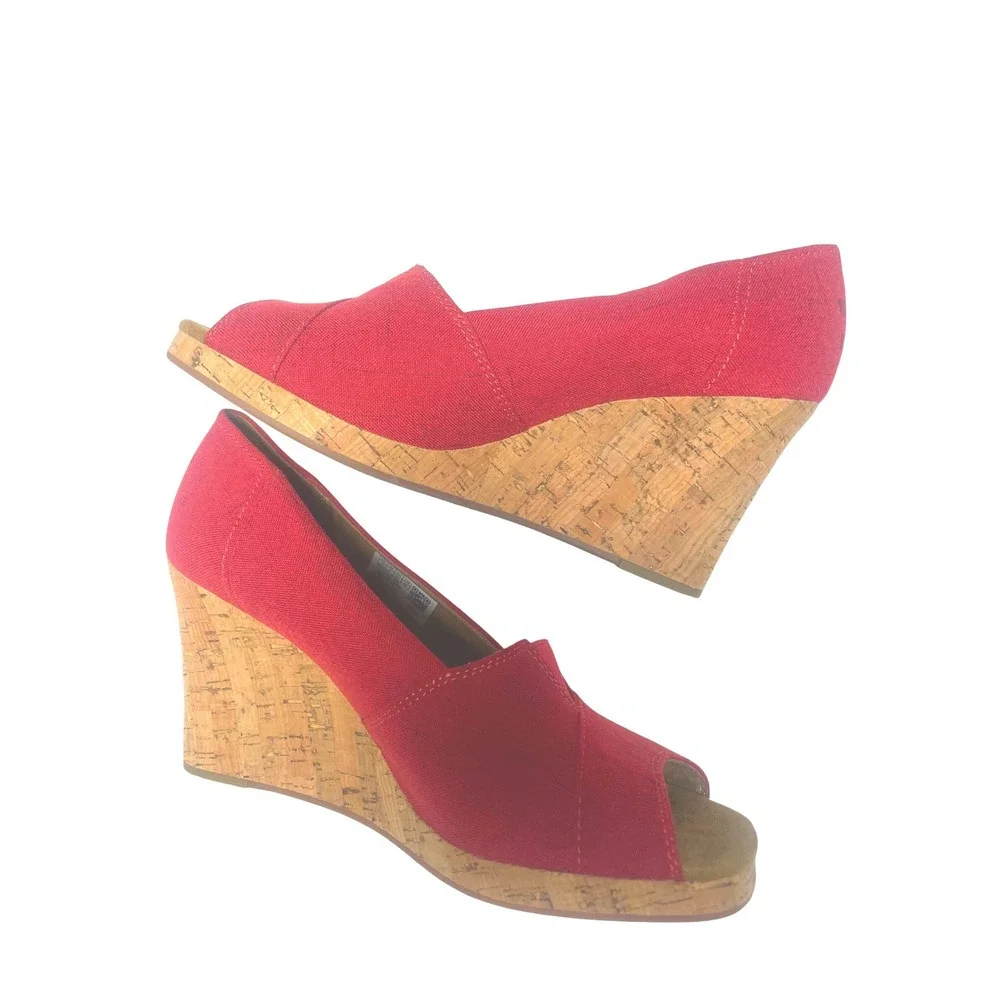 TOMS Classic Canvas Red Open Toe Espadille Cork Wedge Women's 9